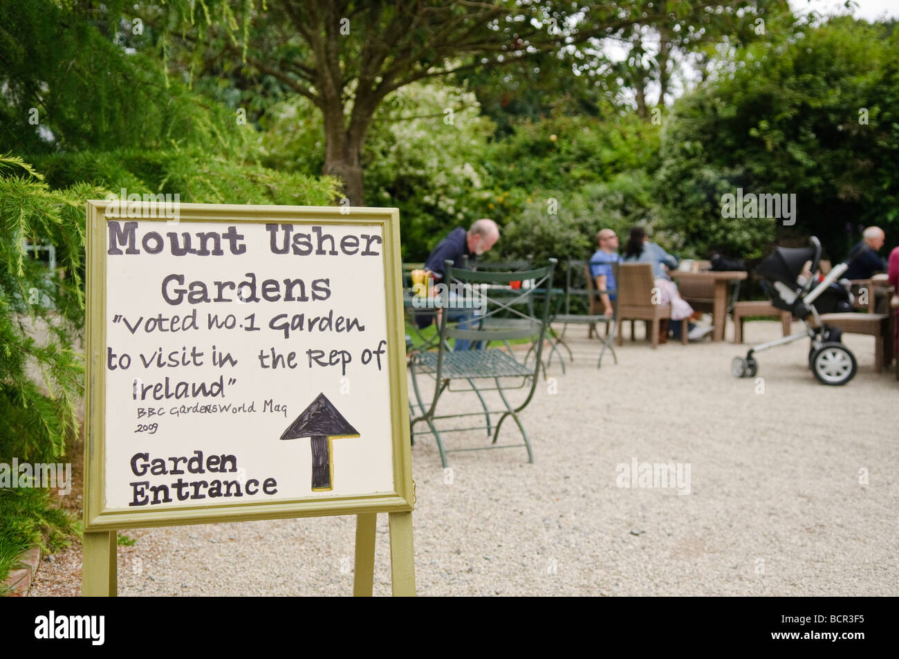 Sign at Mount Usher Gardens, stating that the gardens were voted best in Republic of Ireland by BBC Gardening Magazine Stock Photo
