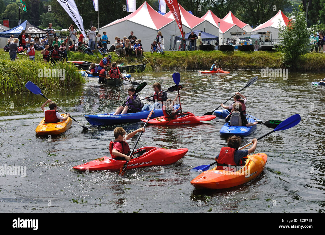 Children in kayaks at the Royal Welsh Show, Builth Wells, Powys, Wales, UK Stock Photo