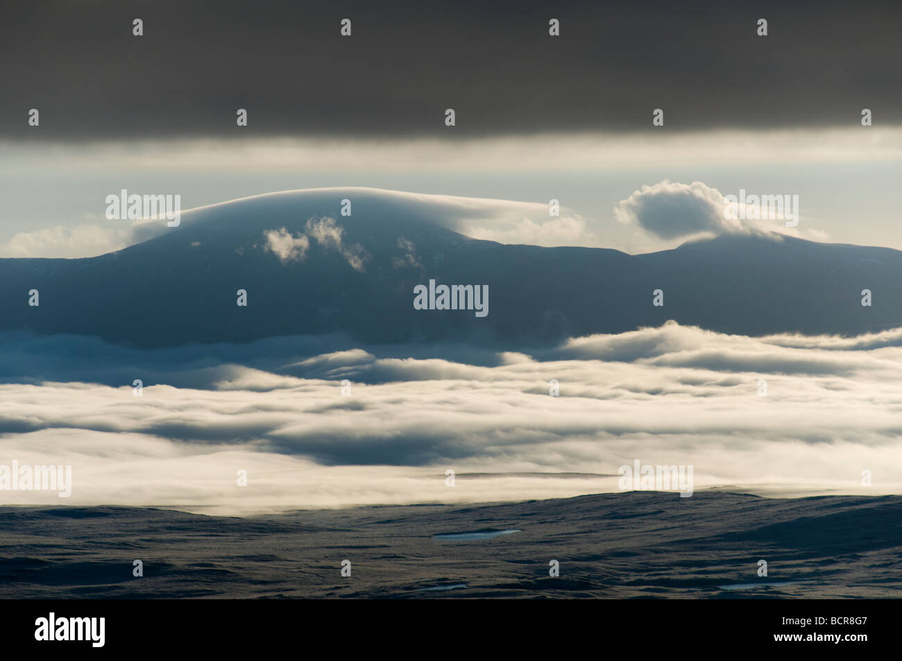 Ben Klibreck rising above low cloud, from Ben Hope, Sutherland, Scotland, UK Stock Photo