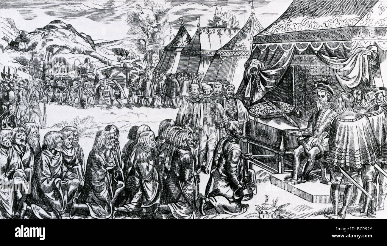 IRELAND  Gaelic Chiefs submit to Lord Mountjoy as the representative for Elizabeth I in 1601 from a woodcut by John Derricke Stock Photo