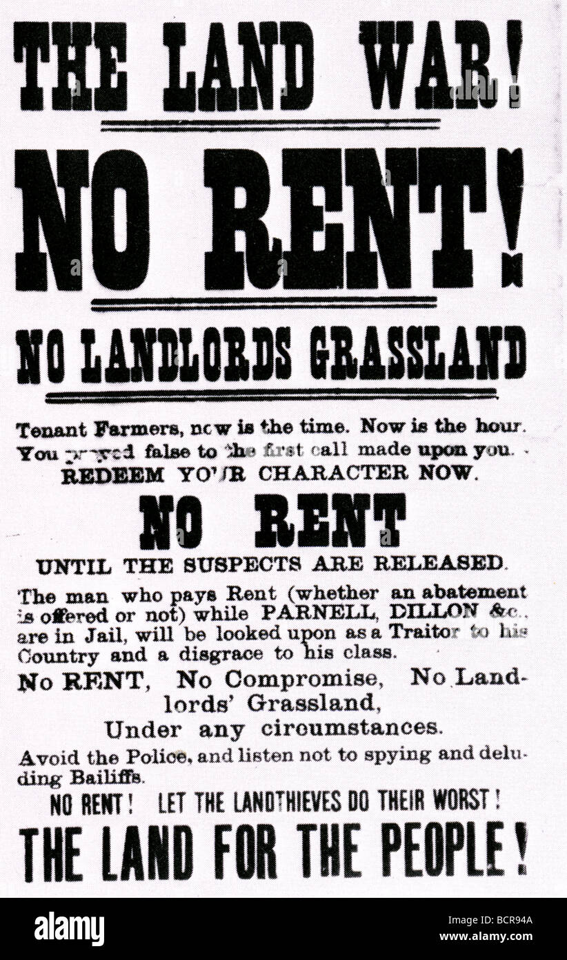 IRISH LAND LEAGUE POSTER 1881 demanding non-payment of rents to secure  release of some Nationalists including Parnell Stock Photo - Alamy