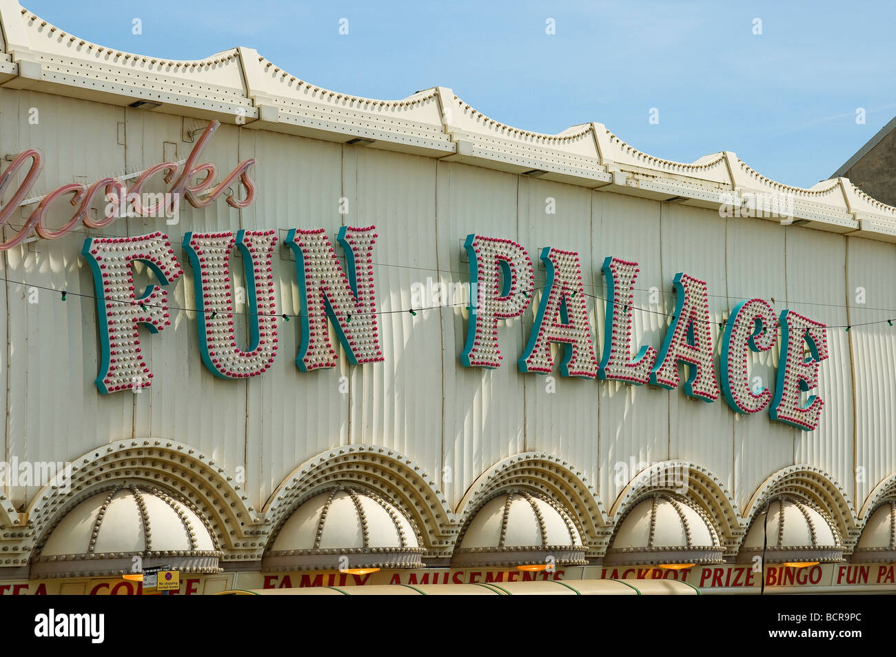 Close up of Fun Palace sign Golden Mile Blackpool Lancashire England UK United Kingdom GB Great Britain Stock Photo