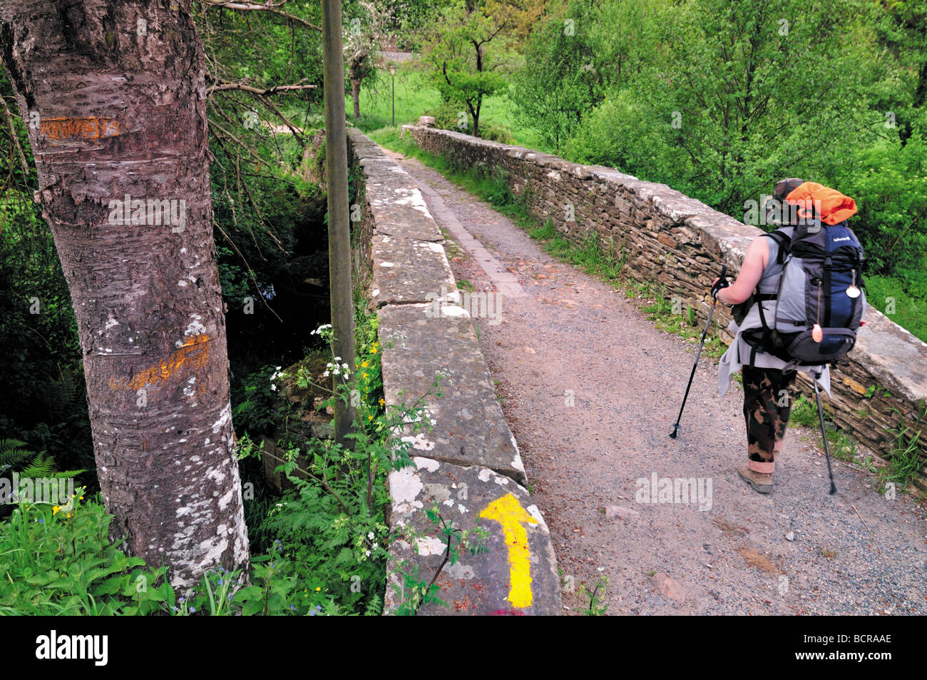 Spain, St. James Way: Pilgrim on the “Ponte de Aspera” in Sarria, Galicia Stock Photo