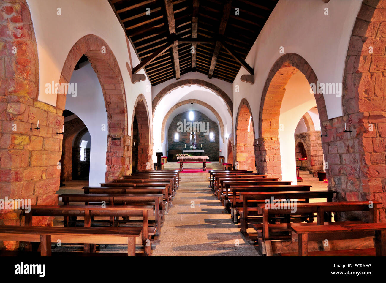 Spain, St. James Way: Nave of the romanesque Iglesia Santa Maria in O Cebreiro, Galicia Stock Photo