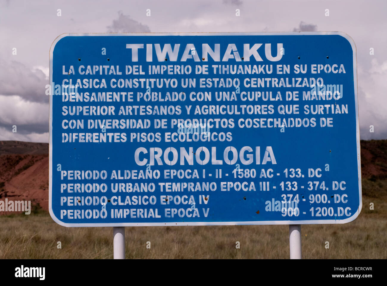 Site description Sign at Tiwanaku, Bolivia. Declared UNESCO World Heritage Site Stock Photo