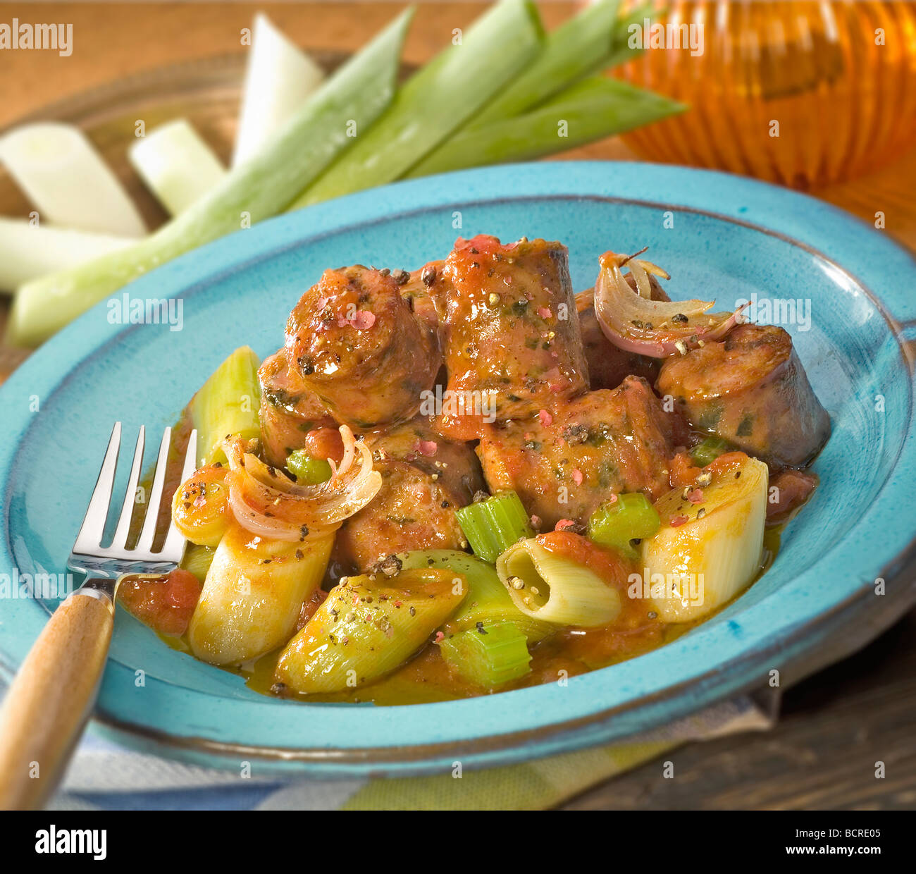 Sausages with leeks Stock Photo Alamy