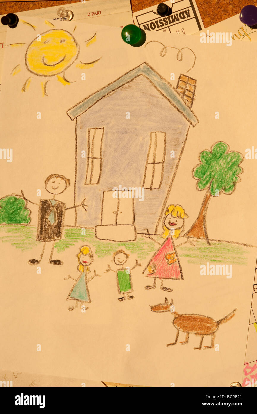 Home bulletin board with childs drawing of a happy family life Stock Photo Alamy