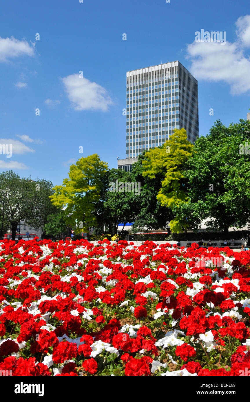 The Marble Arch traffic junction and roundabout with summer flower beds ...