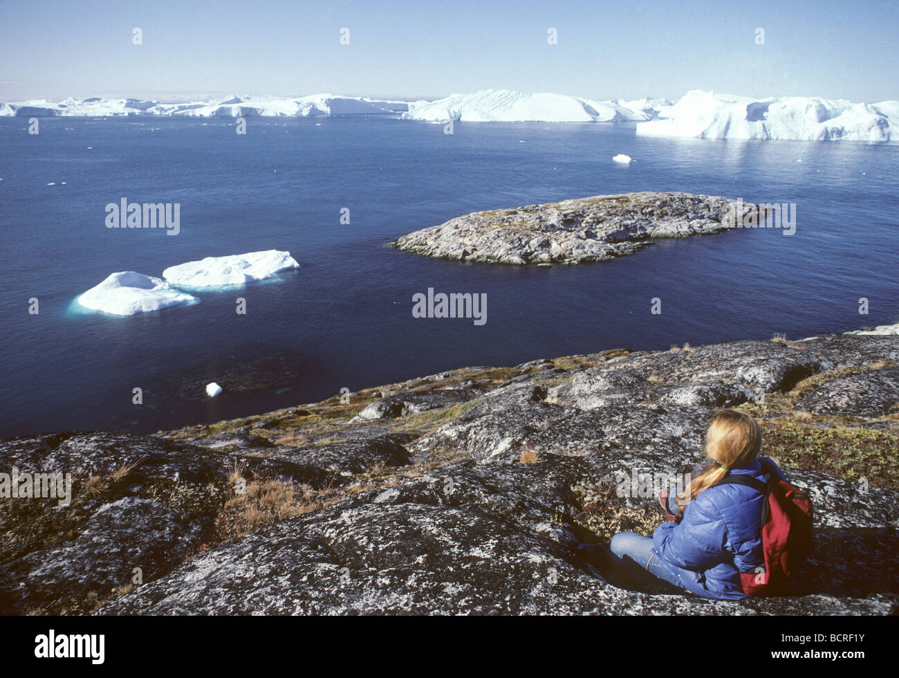Elk125 7043 Greenland Ilulissat Disko Bay with visitor and iceburgs Stock Photo