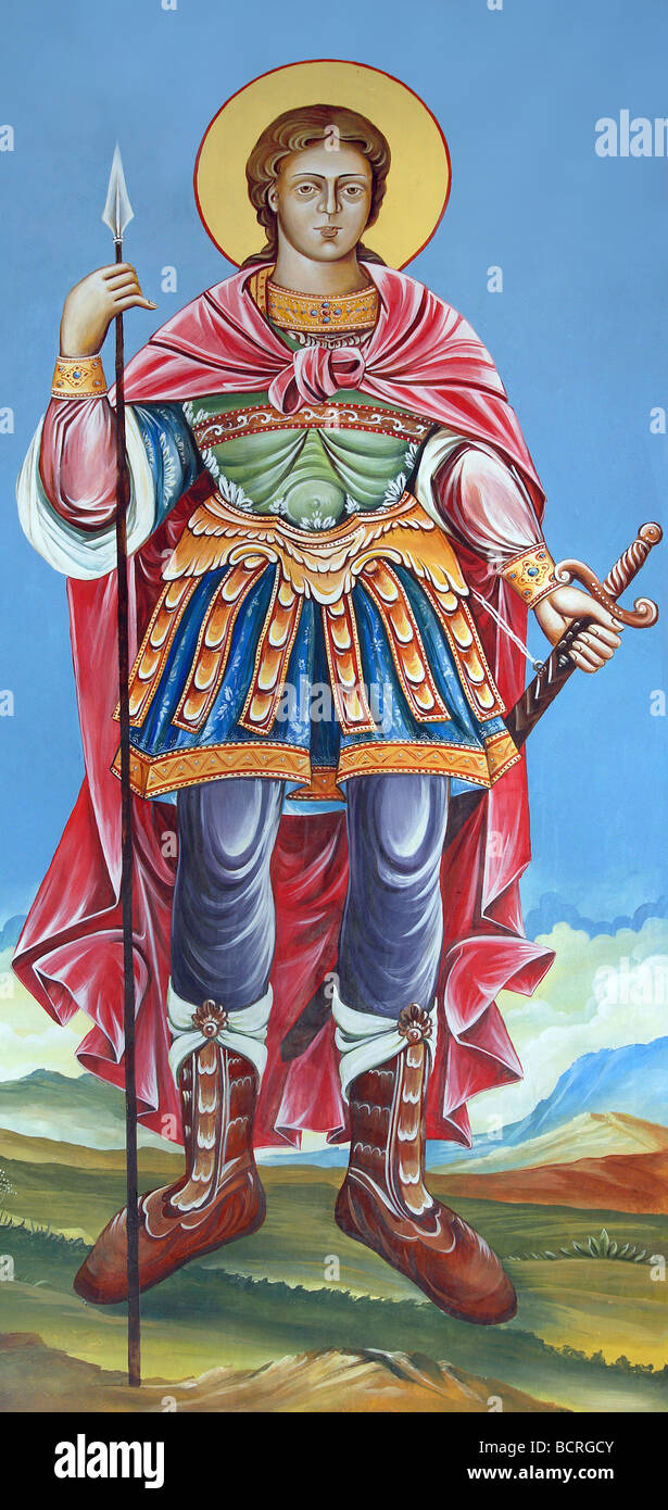 Religious mural painting in Bulgarian orthodox monastery Stock Photo