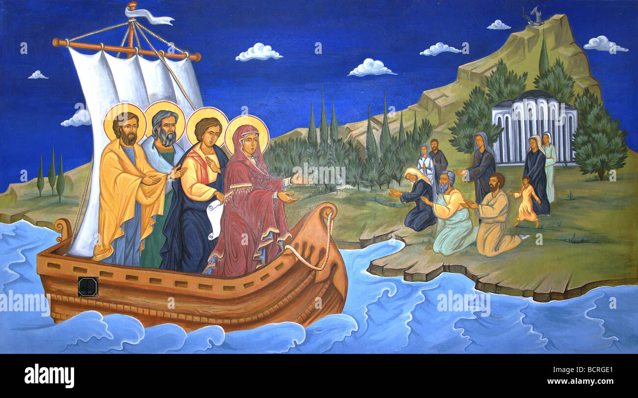 Religious mural painting in Bulgarian orthodox monastery Stock Photo