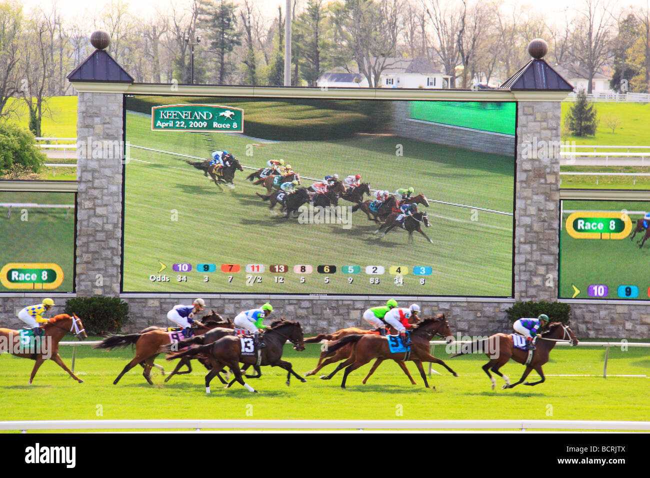 Thoroughbreds pass in front of jumbotron at Spring horse races