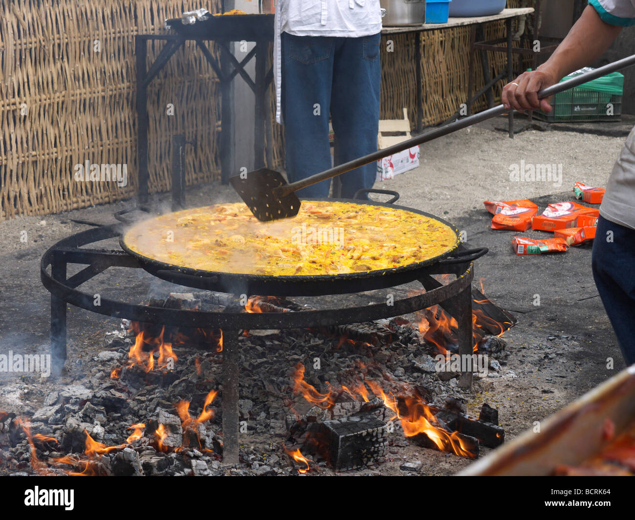 Open air paella on beach in Nerja, a sleepy Spanish Holiday resort on