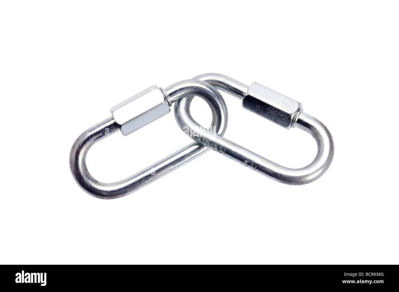 two carabiners linked together Stock Photo