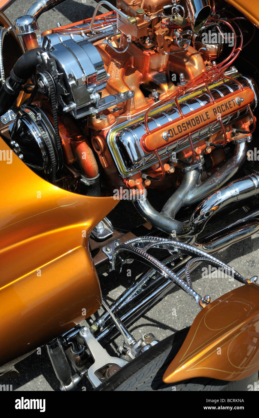 Oldsmobile Rocket, a beautifully restored american vehicle engine shown at the inaugural 'Venice Beach Rides for the Community' Stock Photo