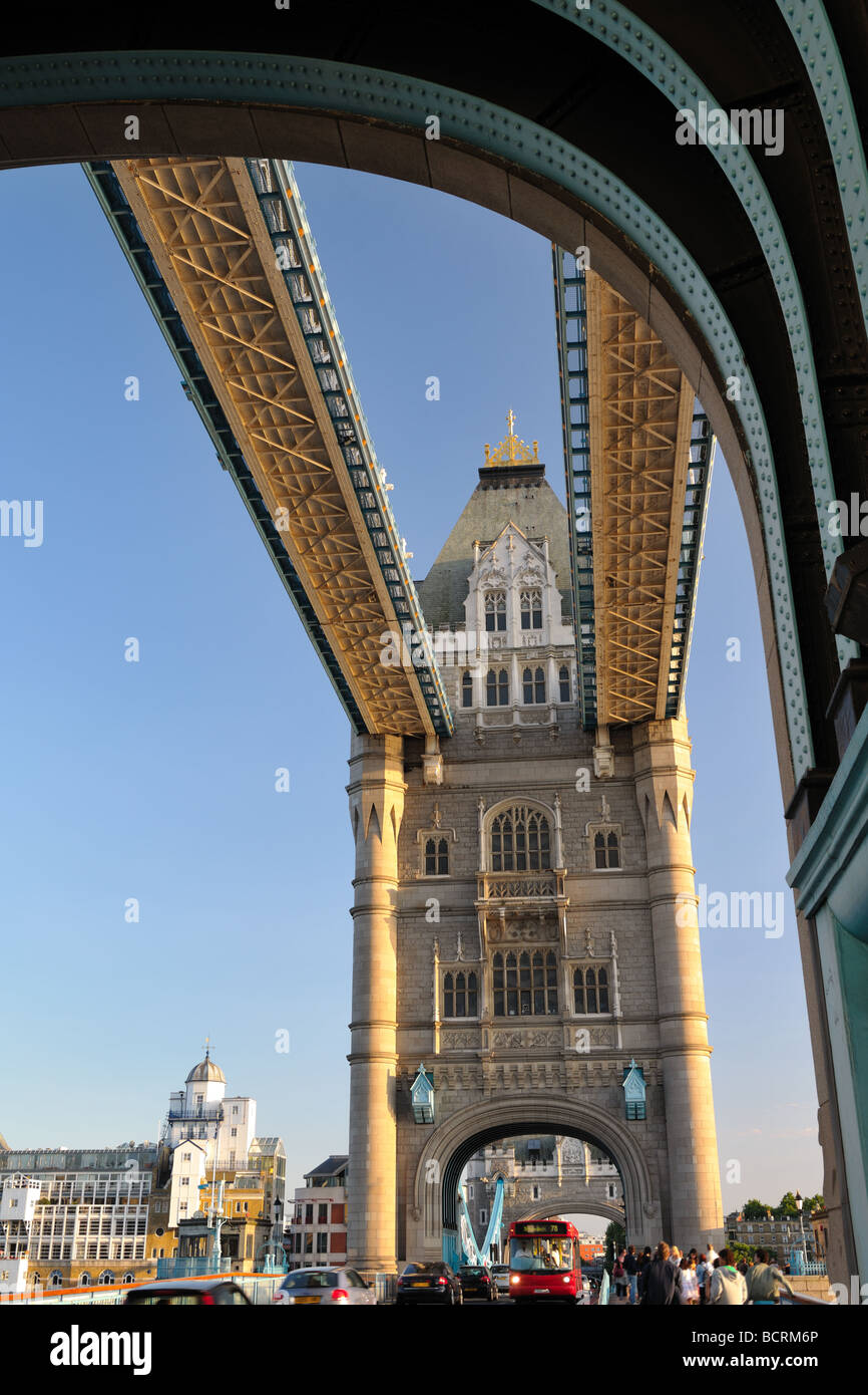 Looking through one of the arches of Tower Bridge London England UK across to the other tower Stock Photo