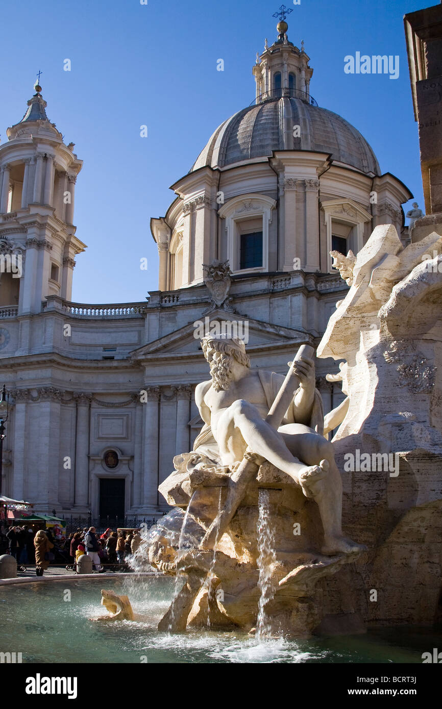 Four Rivers Fountain in the Navona Square Rome Stock Photo