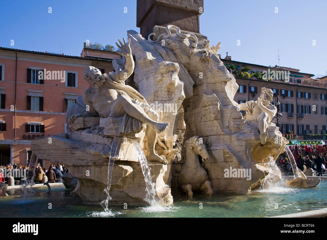 Four Rivers Fountain in the Navona Square Rome Stock Photo