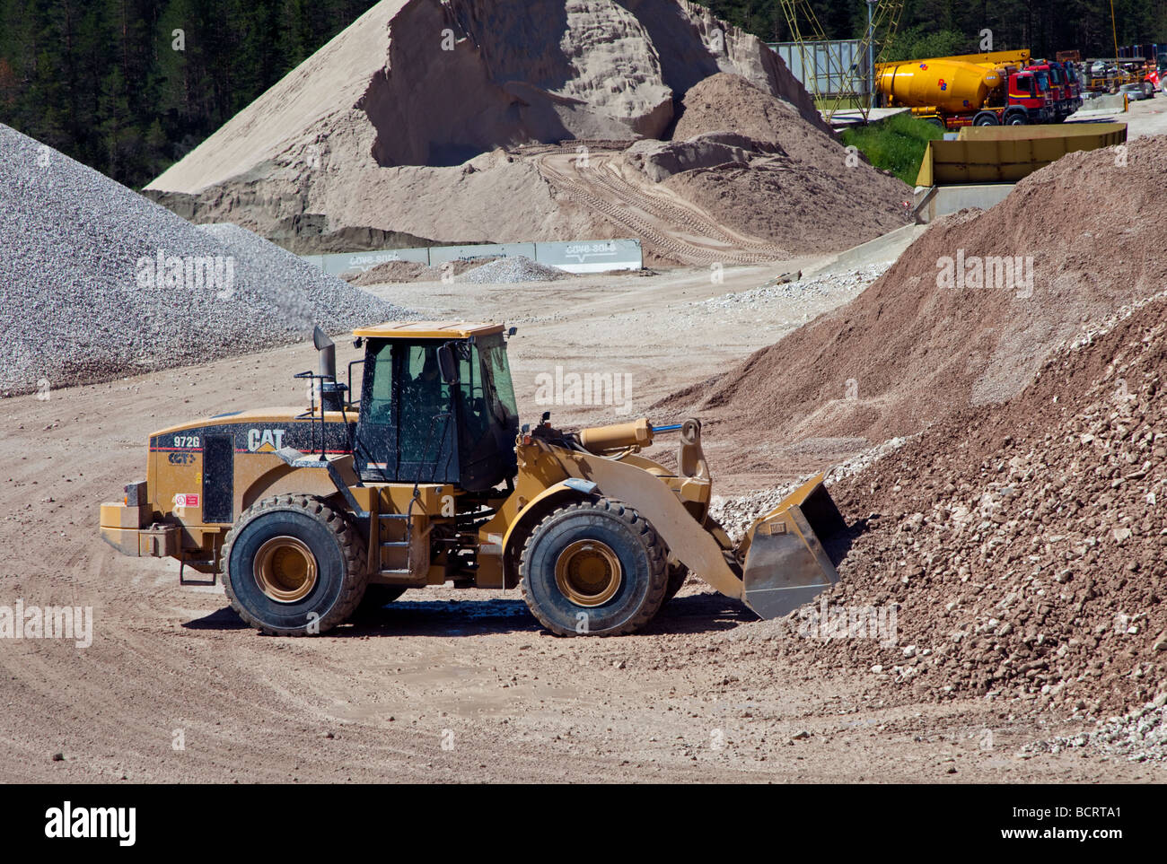 CAT 972G Excavator at Aggregates Plant, Armentarola, Italy Stock Photo