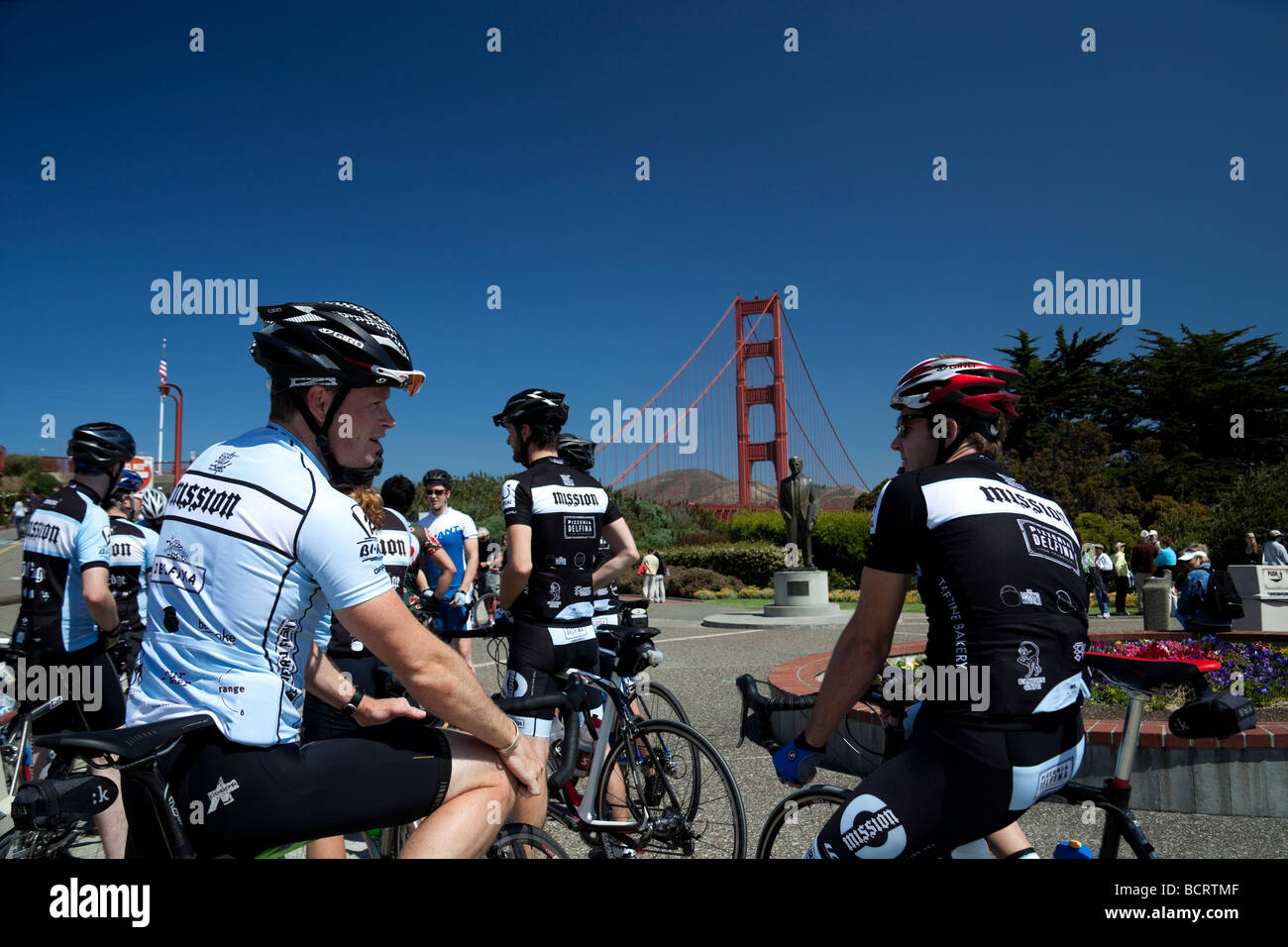 Members of cycling club before outing across Golden Gate Bridge, San Francisco, California, USA, Stock Photo