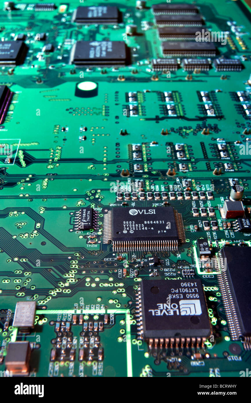electronic devices pcb track of a desktop computer motherboard Stock Photo