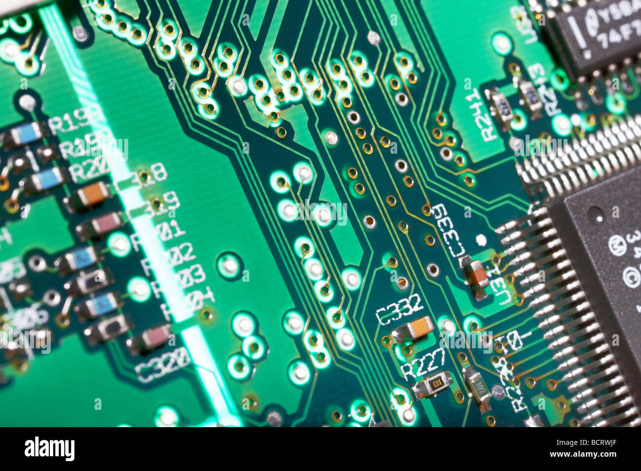 Closeup of the pcb track of a desktop computer motherboard Stock Photo