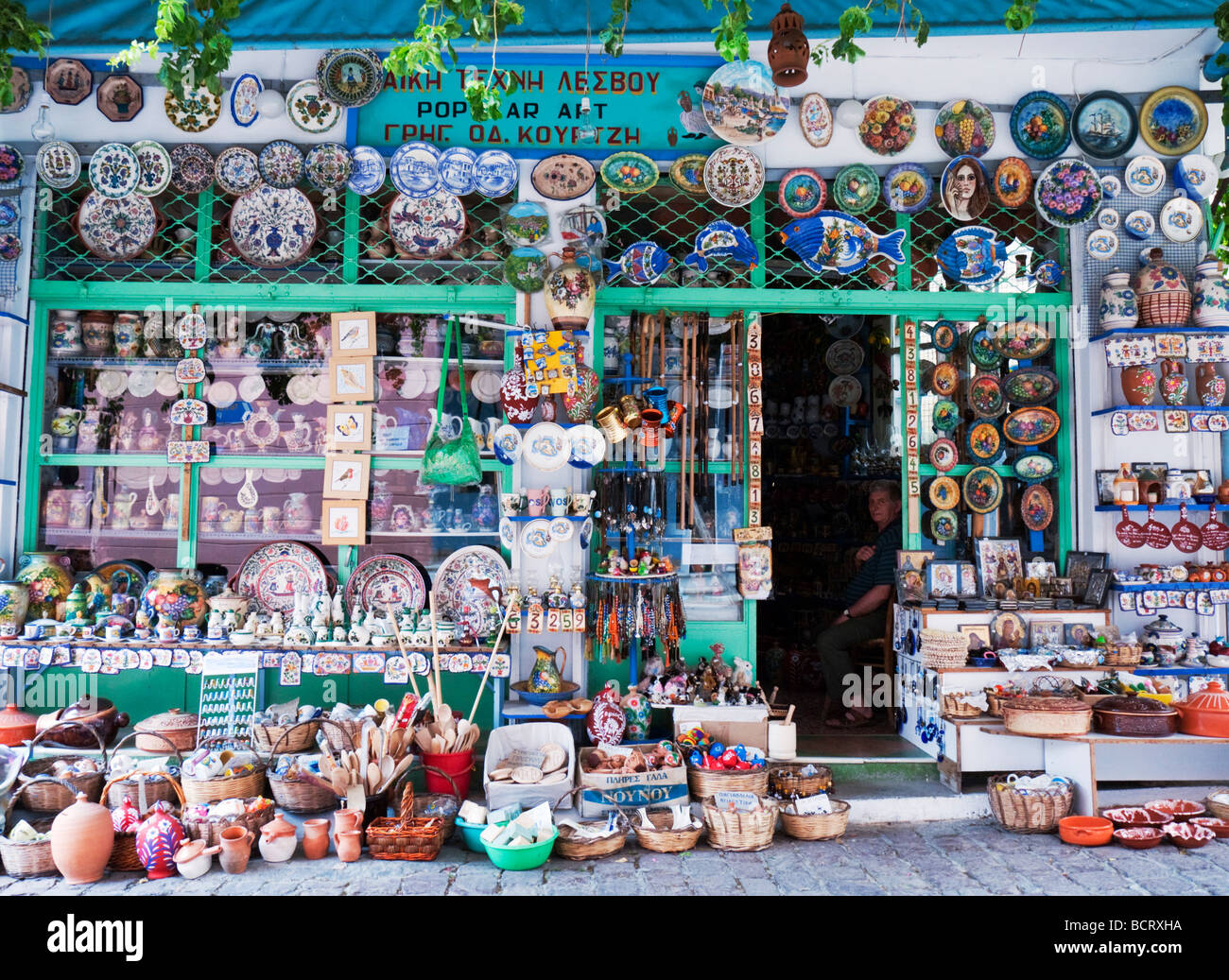 Detail of tourist shop selling traditional arts and crafts n Agiassos
