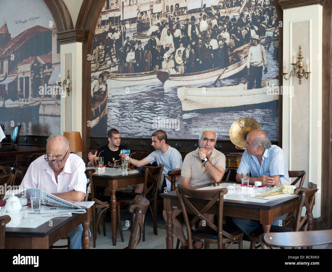 Interior of traditional cafe in Mytilini town on Lesvos Island in Greece Stock Photo
