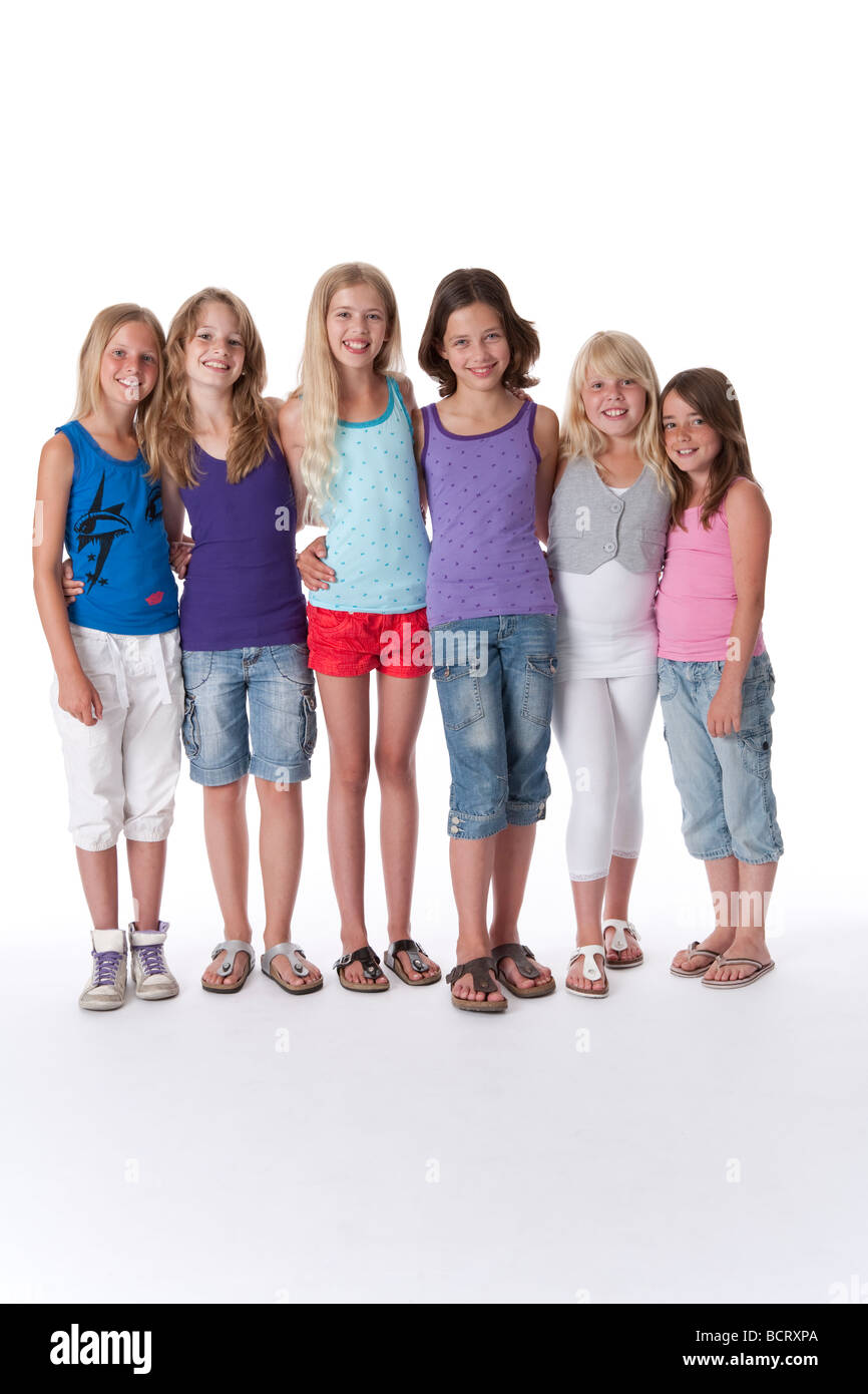 Six girls of 10 years old in a row Stock Photo