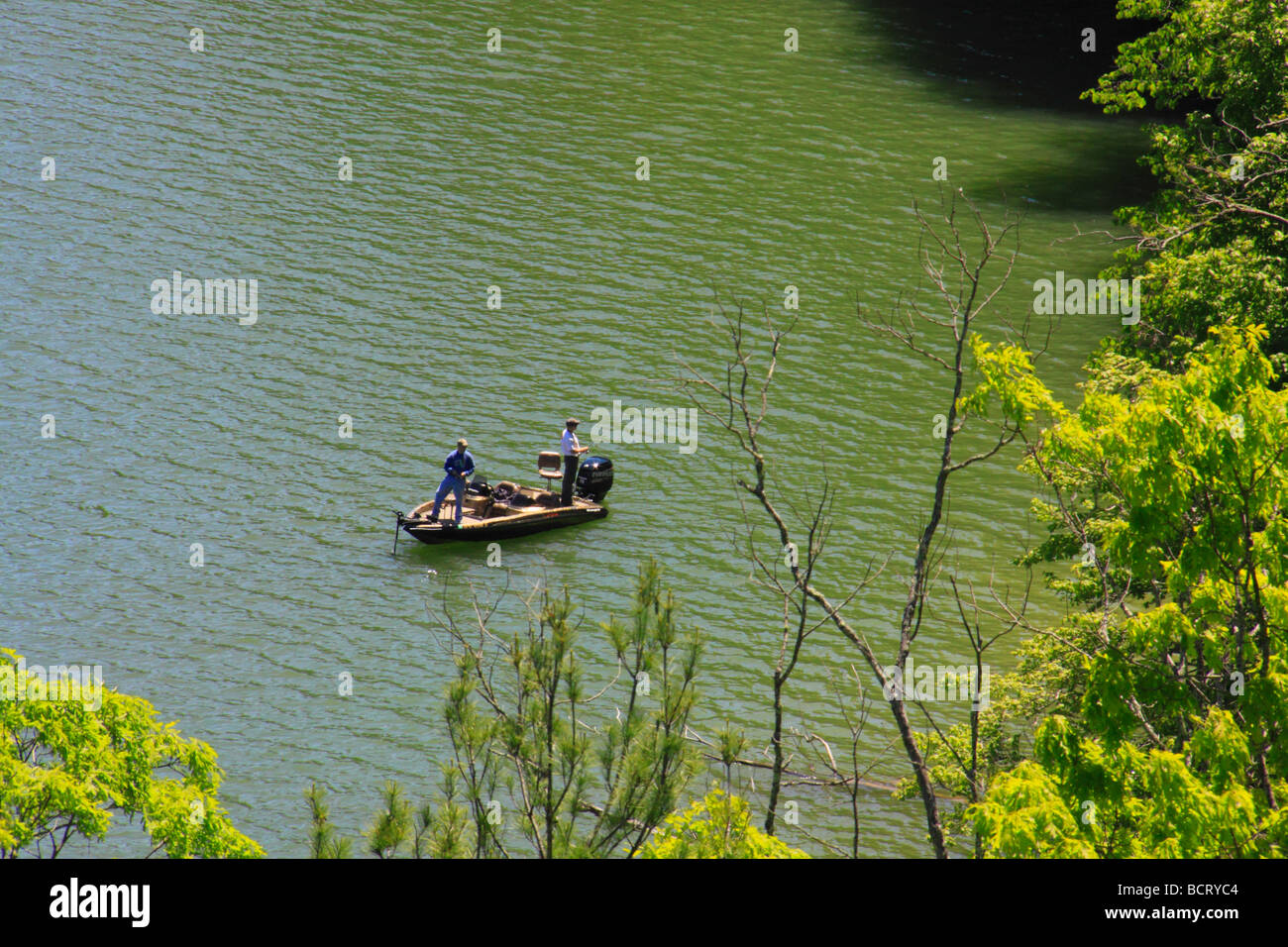 Fishers in boat on Lake Moomaw Covington Virginia Stock Photo