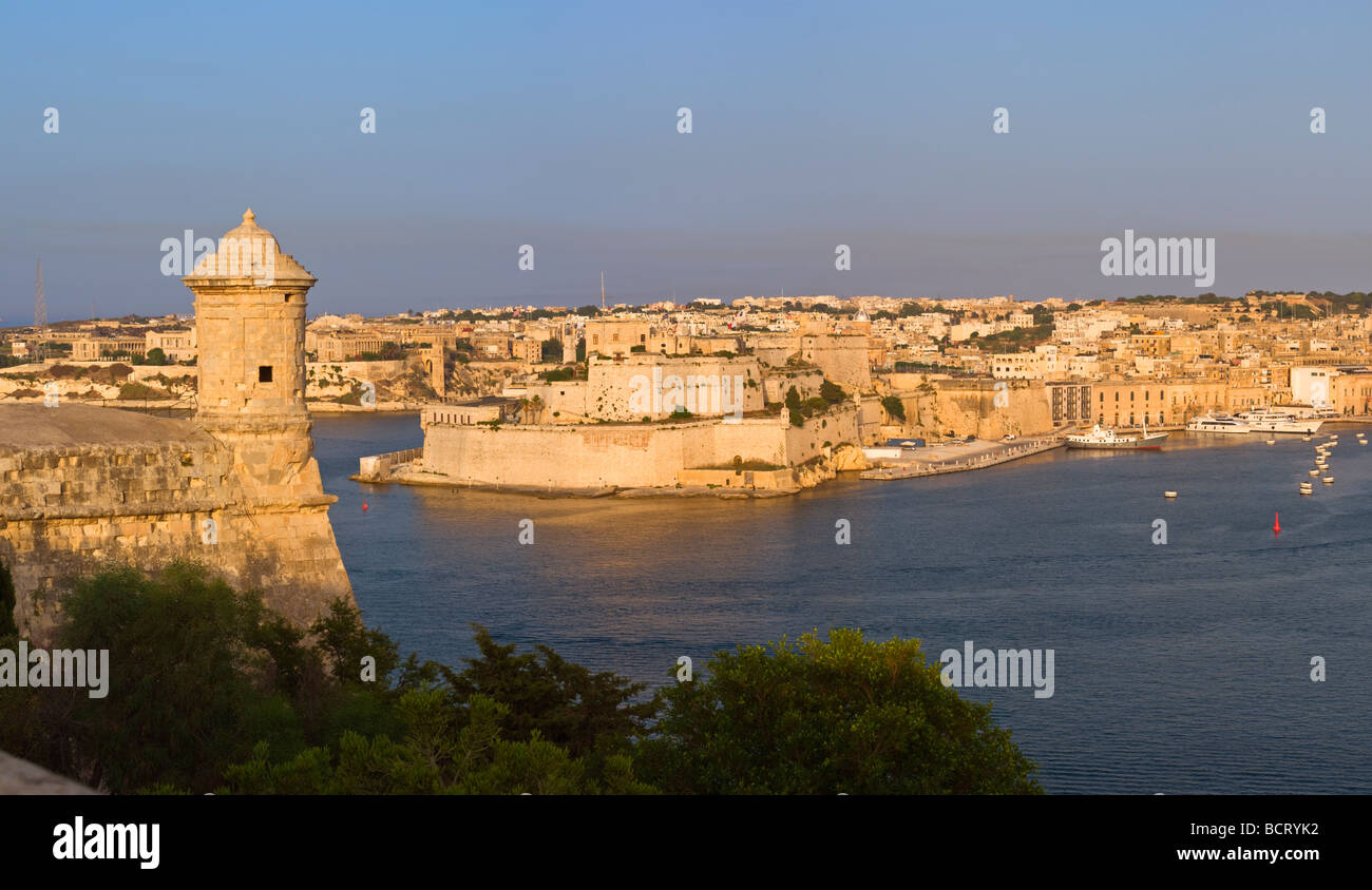 Sentry post and view to Grand Harbour Valletta Malta Stock Photo