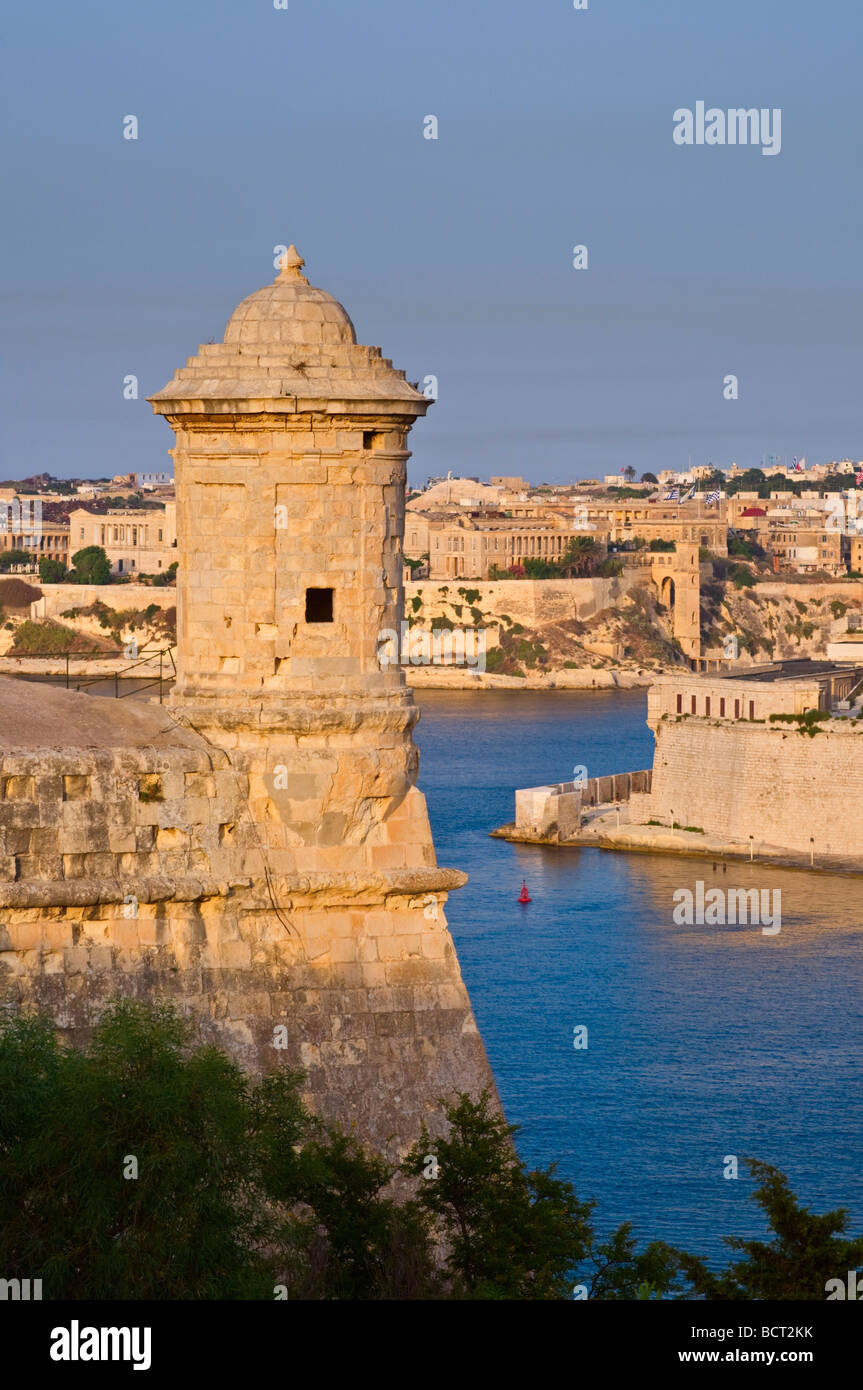 Sentry post and view to Grand Harbour Valletta Malta Stock Photo