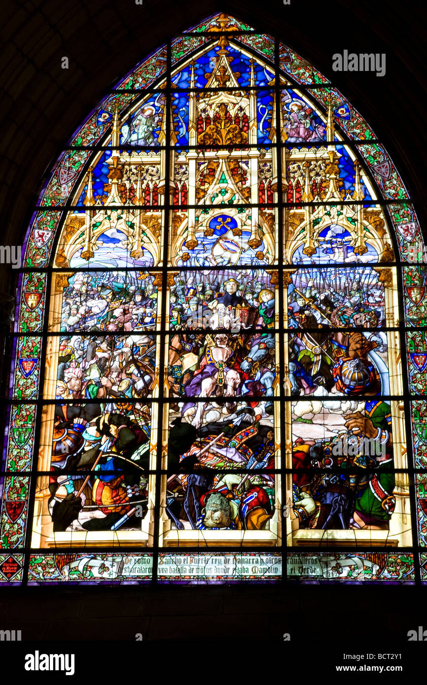 Battle Las Navas Tolosa, Stained Glass Window, Sala Capitular, Real Colegiata Santa Maria Church, Roncesvalles, Navarra, Spain Stock Photo