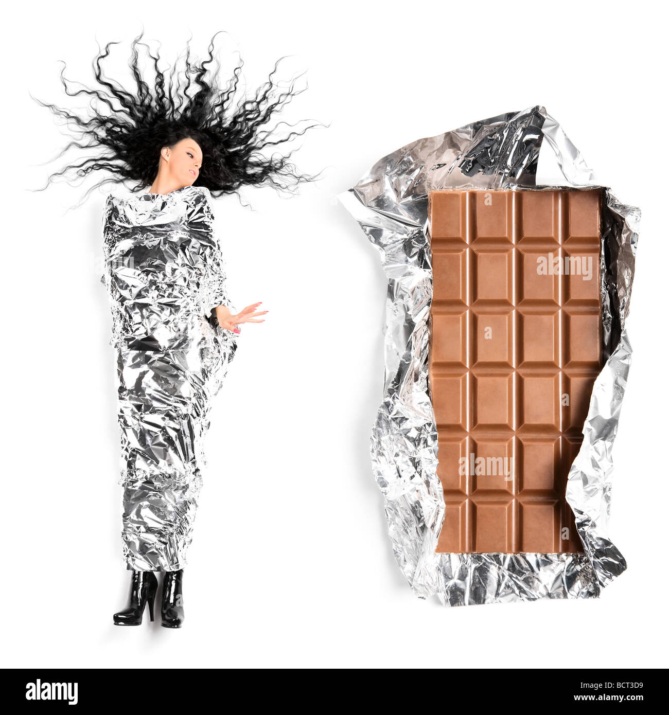 Woman and chocolate On white background Stock Photo