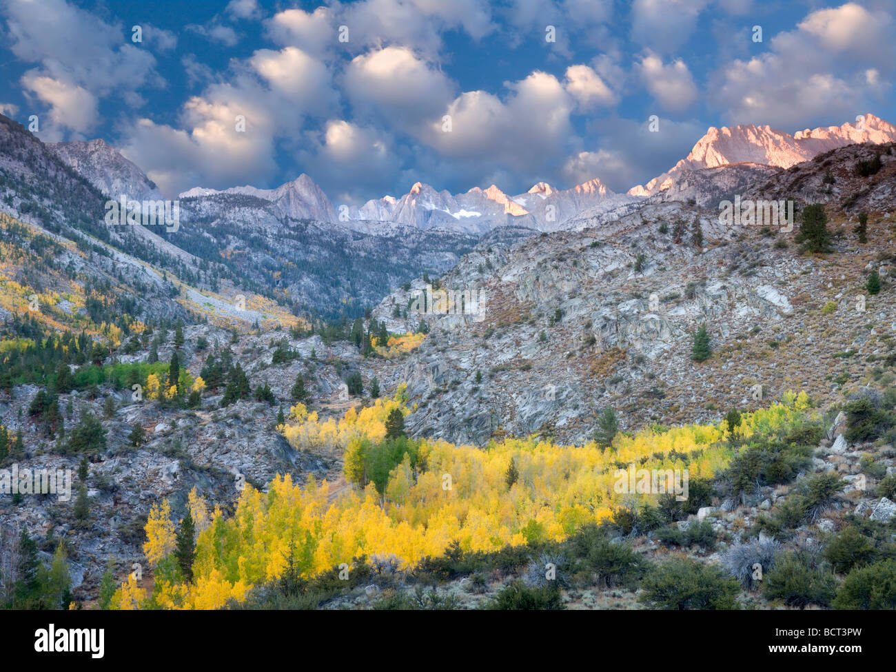 Eastern Sierra Mountains with fall color at sunrise Inyo National forest California This image has a sky added Stock Photo