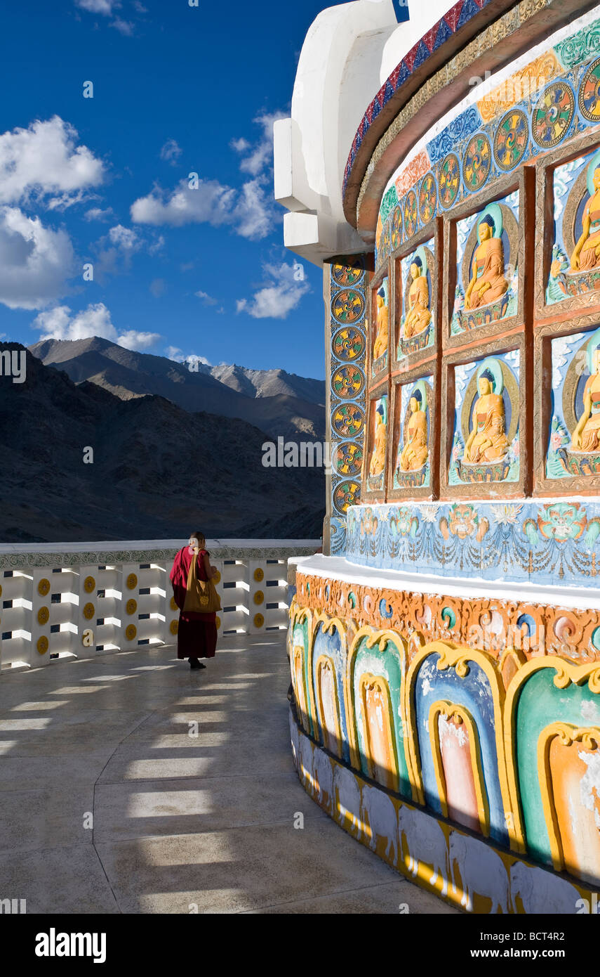 Buddhist monk circumambulating Shanti Stupa. Leh. Ladakh. India Stock Photo