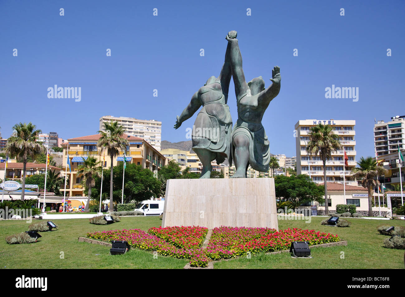 Statue on roundabout, Paseo Maritimo, Torremolinos, Costa del Sol, Malaga Province, Andalusia, Spain Stock Photo
