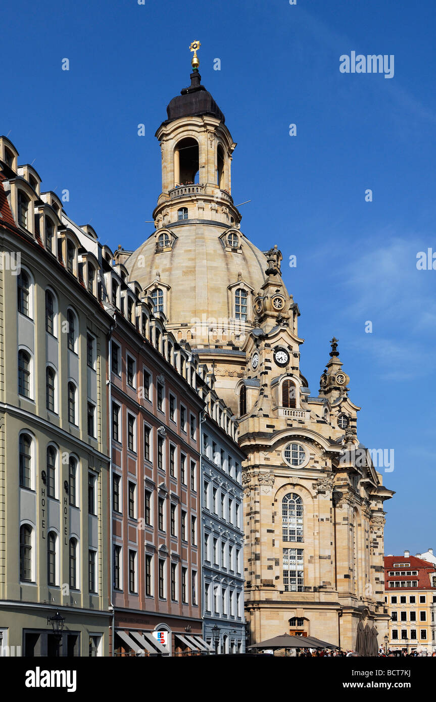 Tower of Frauenkirche, Church of Our Lady, at Neumarkt square, behind Quartier townhouses, Dresden, Saxony, Germany, Europe Stock Photo