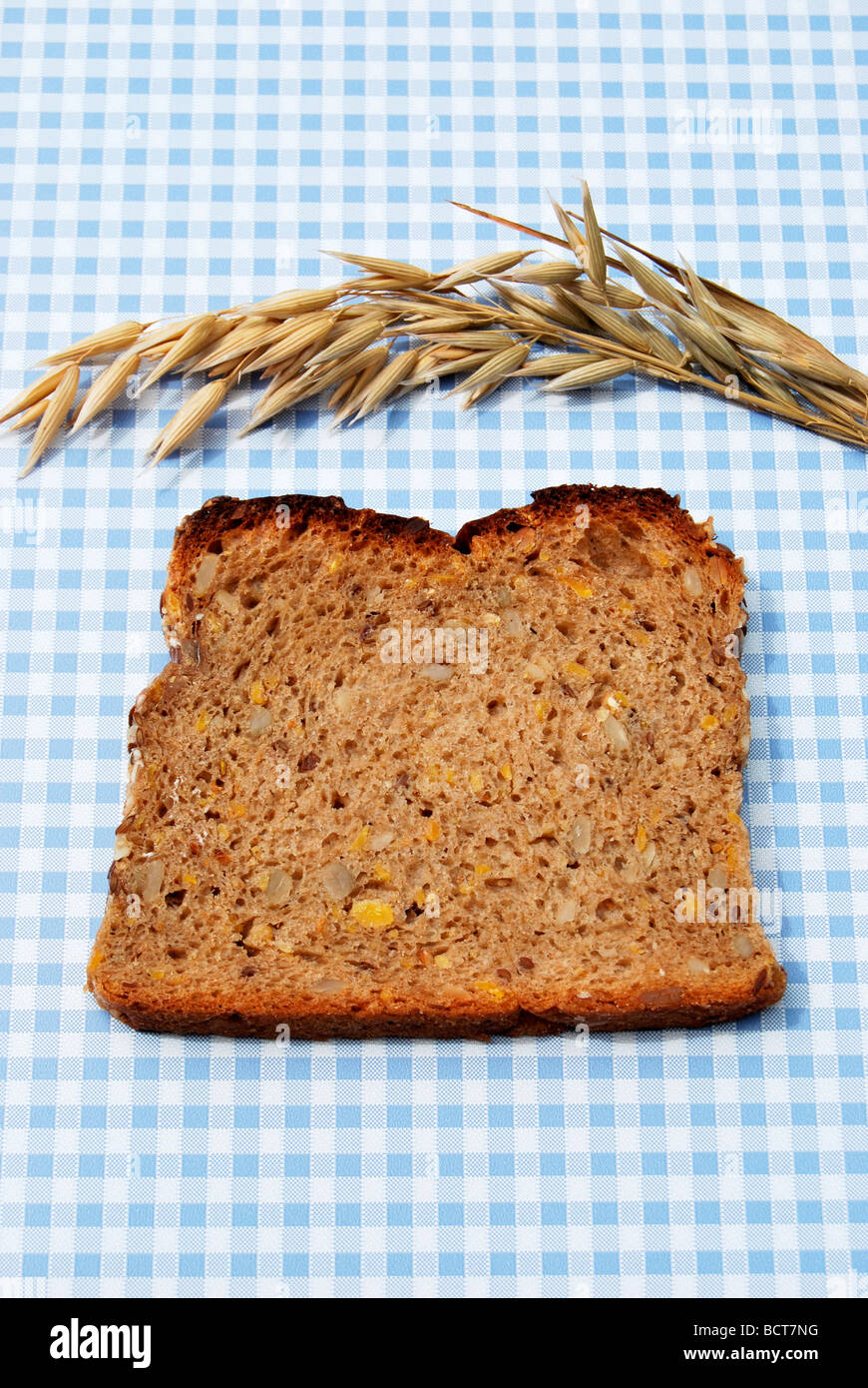 Single slice of bread, wholemeal bread with pumpkin and sunflower seeds on blue and white tablecloth, with oats Stock Photo