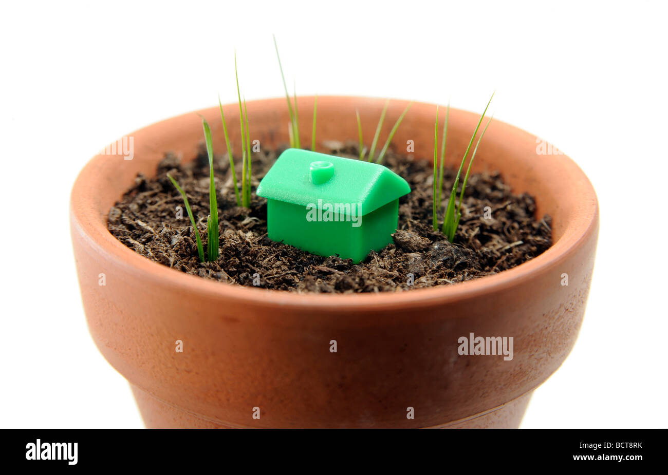 MODEL HOUSE WITH GREENSHOOTS IN PLANTPOT RE HOUSING MARKET RECOVERY,GROWTH Stock Photo