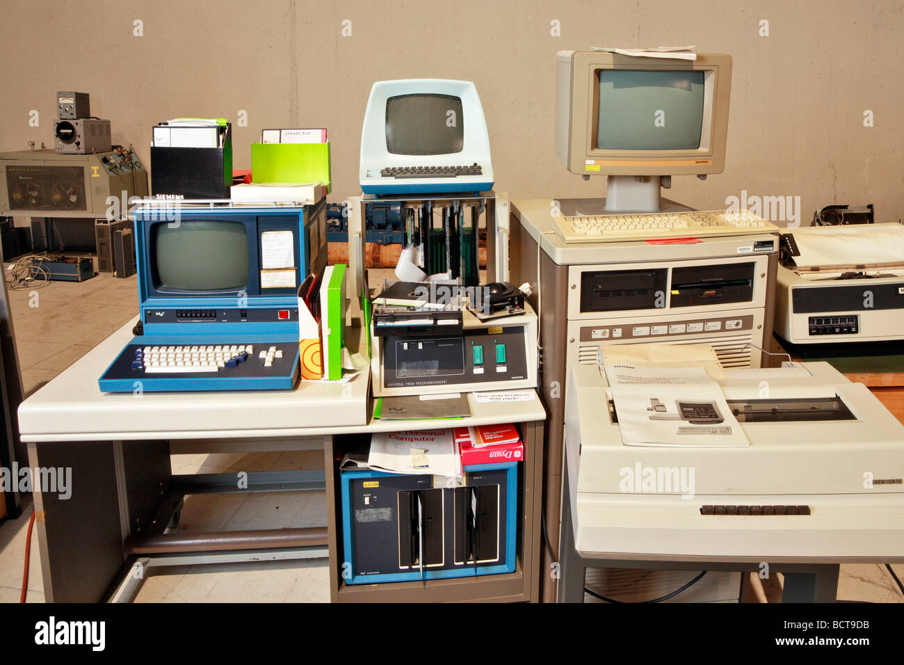 Historical computers, programming workstation on the left, remote control-computer on the right, Radom, Technology Museum, Rais Stock Photo