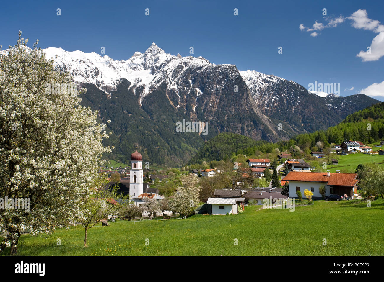 Sautens, parish church, Acherkogel mountain, Stubai Alps, Inntal Inn Valley, Tyrol, Austria, Europe Stock Photo