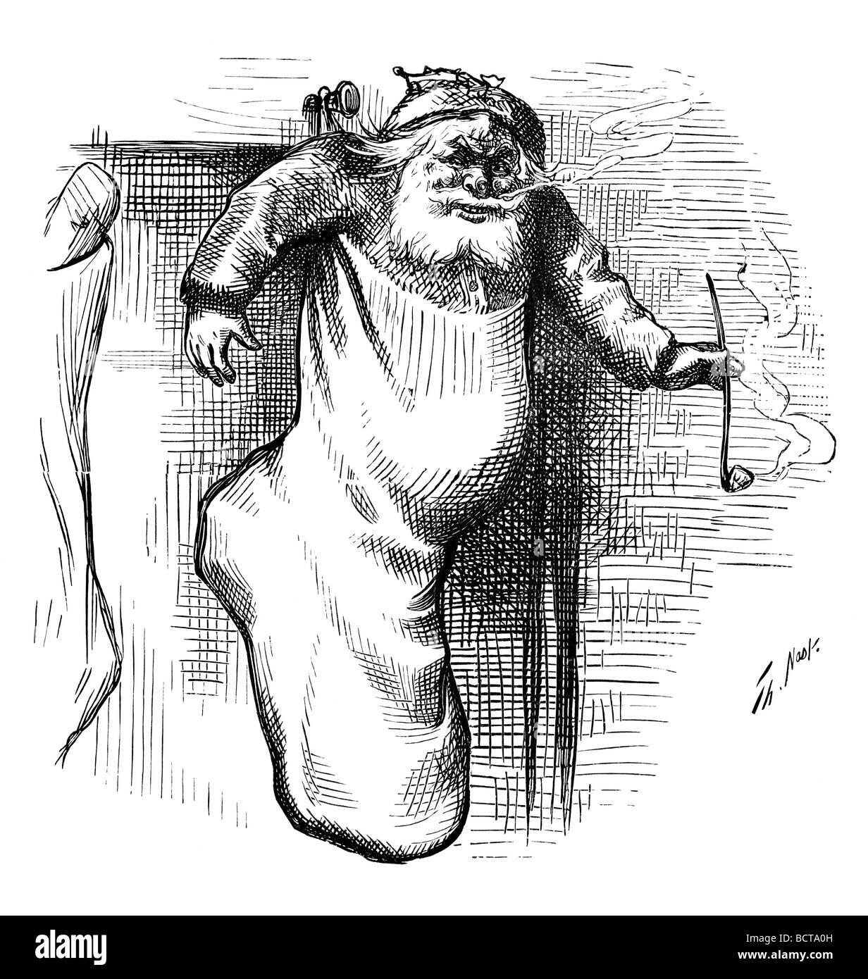 Santa Claus in a Christmas stocking. Classic 19c wood cut of Santa Claus by Thomas Nast. Stock Photo
