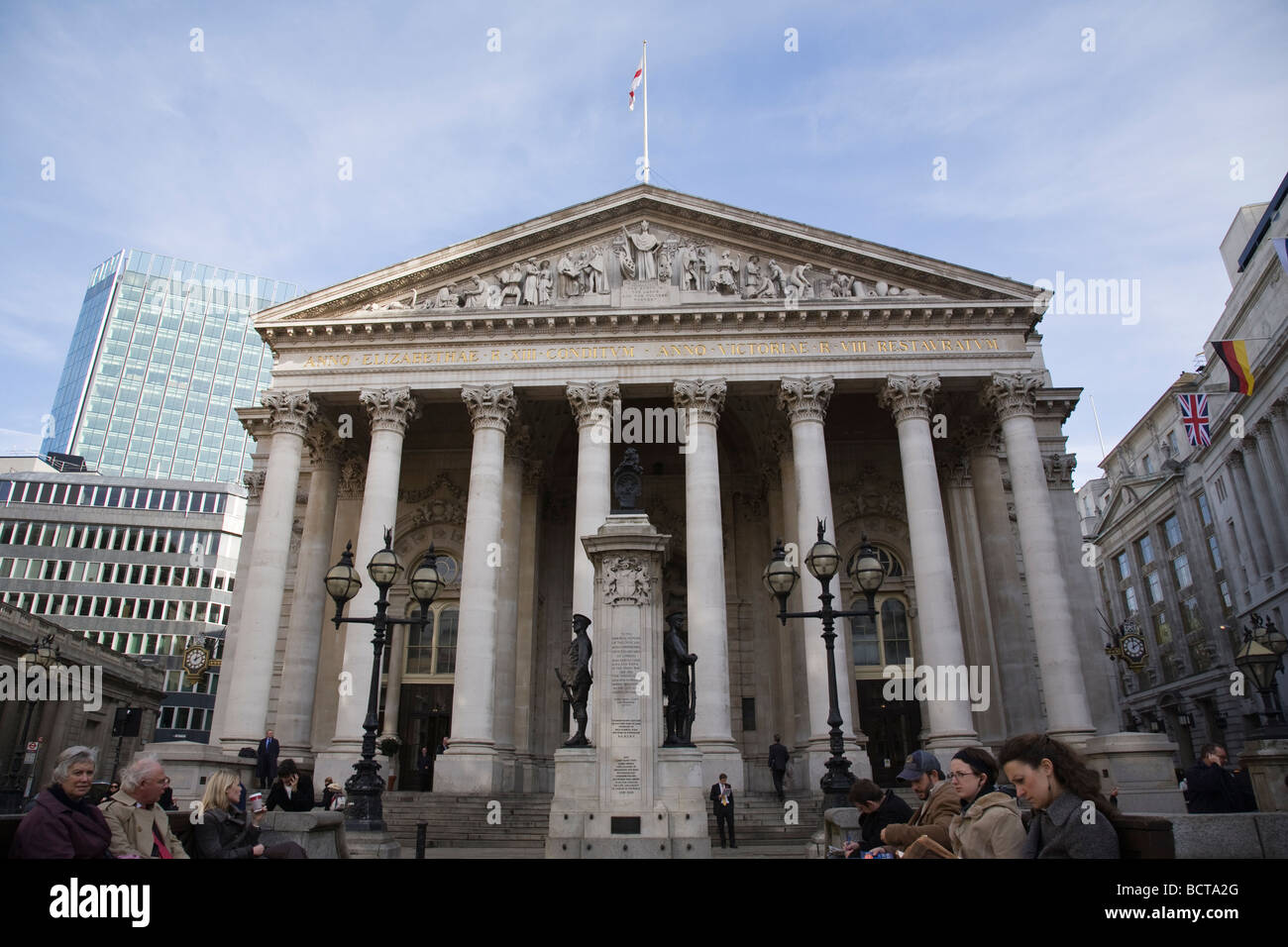 Front entrance to the Royal Exchange in the City of London, England. Stock Photo