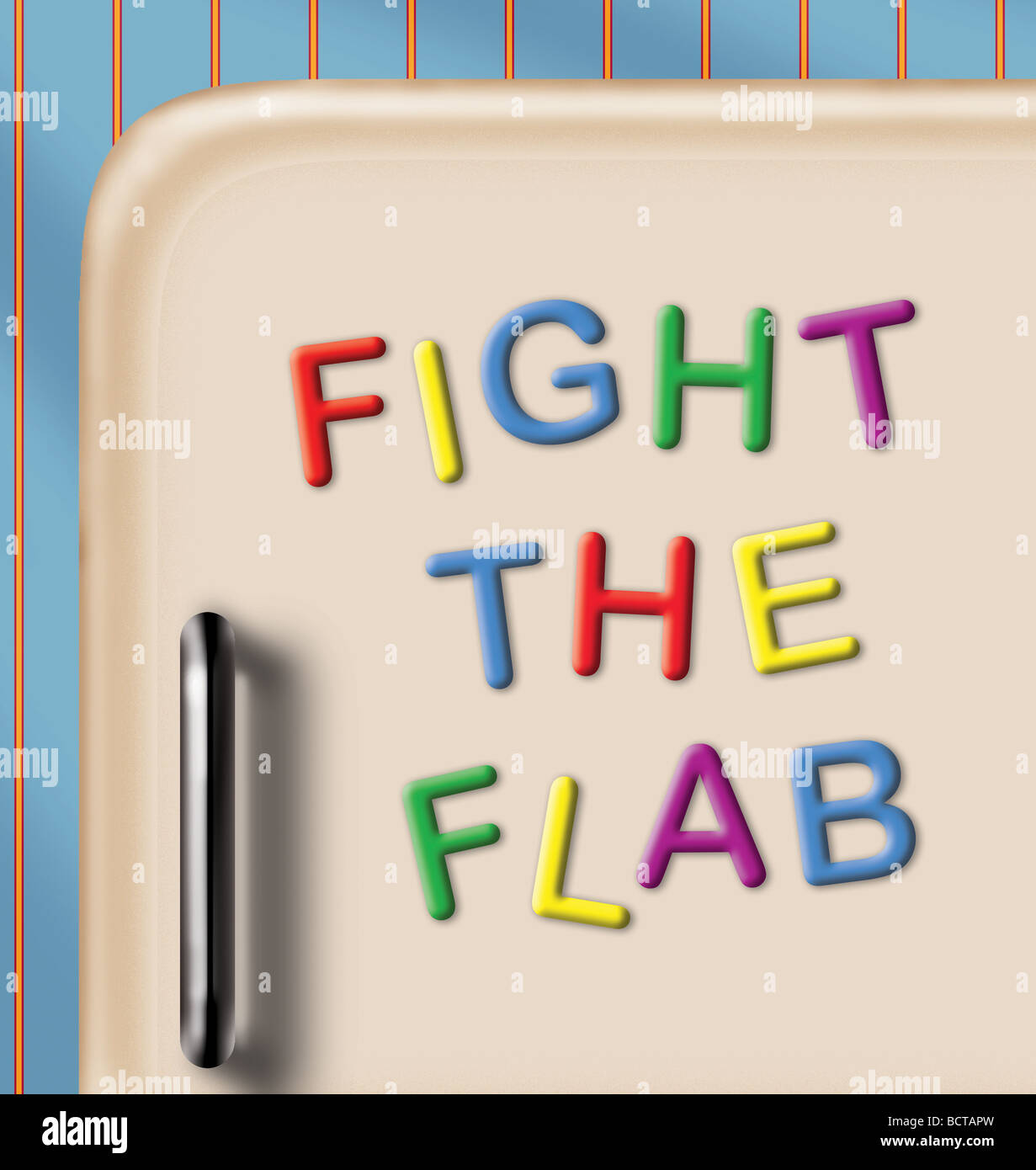 1950’s style fridge door with magnets making slogan ‘FIGHT THE FLAB’ on wallpaper background. Stock Photo