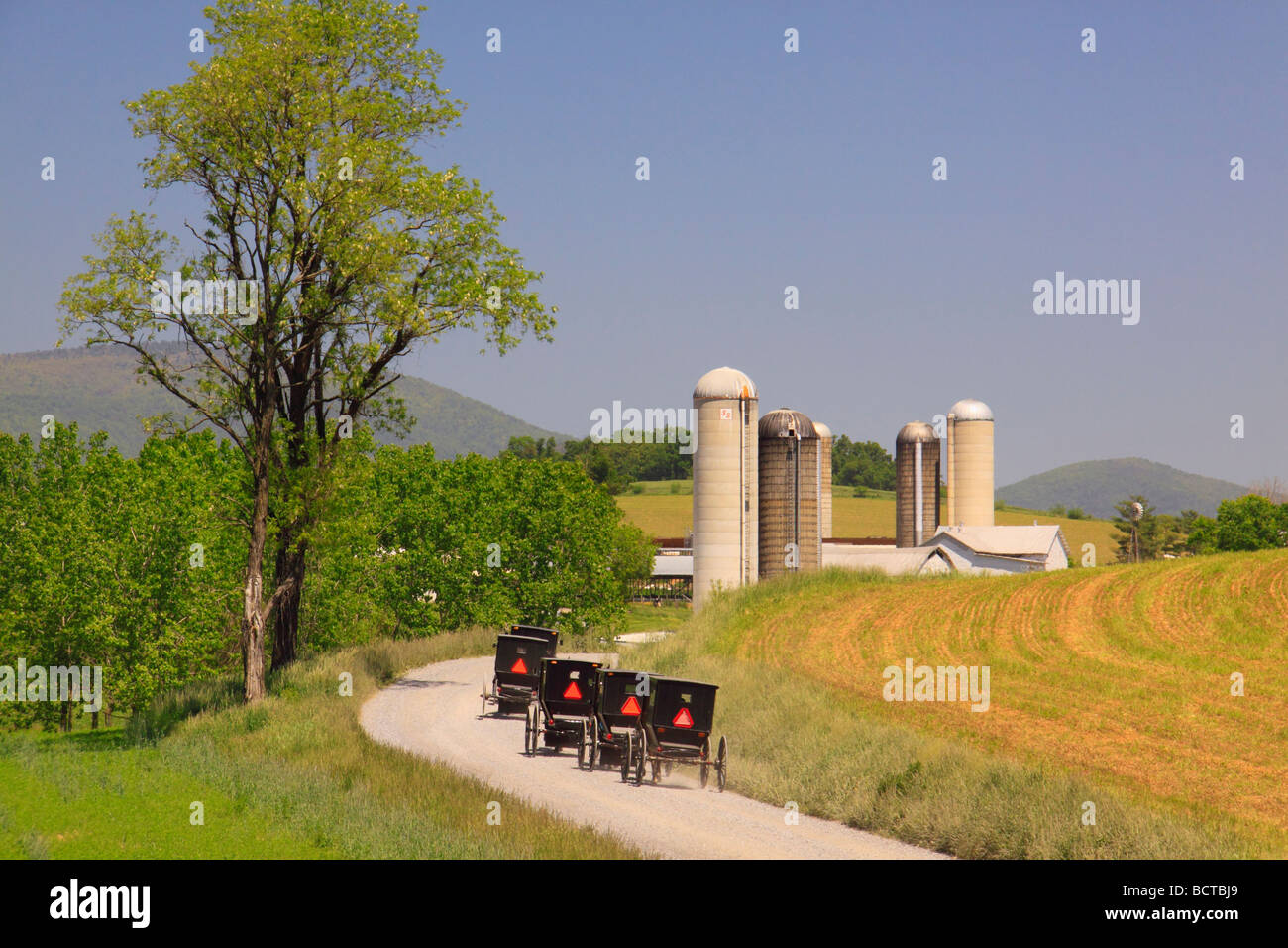 Mennonite buggies on road near Dayton in Shenandoah Valley Virginia Stock Photo