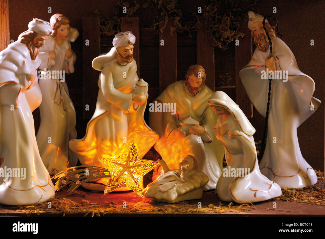 Nativity scene with figures, white porcelain figurines Stock Photo Alamy