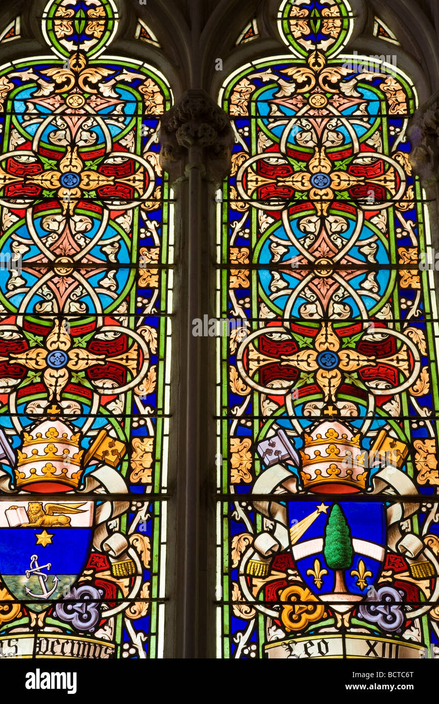 Stained Glass Sala Capitular Real Colegiata de Santa Maria Church Roncesvalles Navarra Spain Stock Photo
