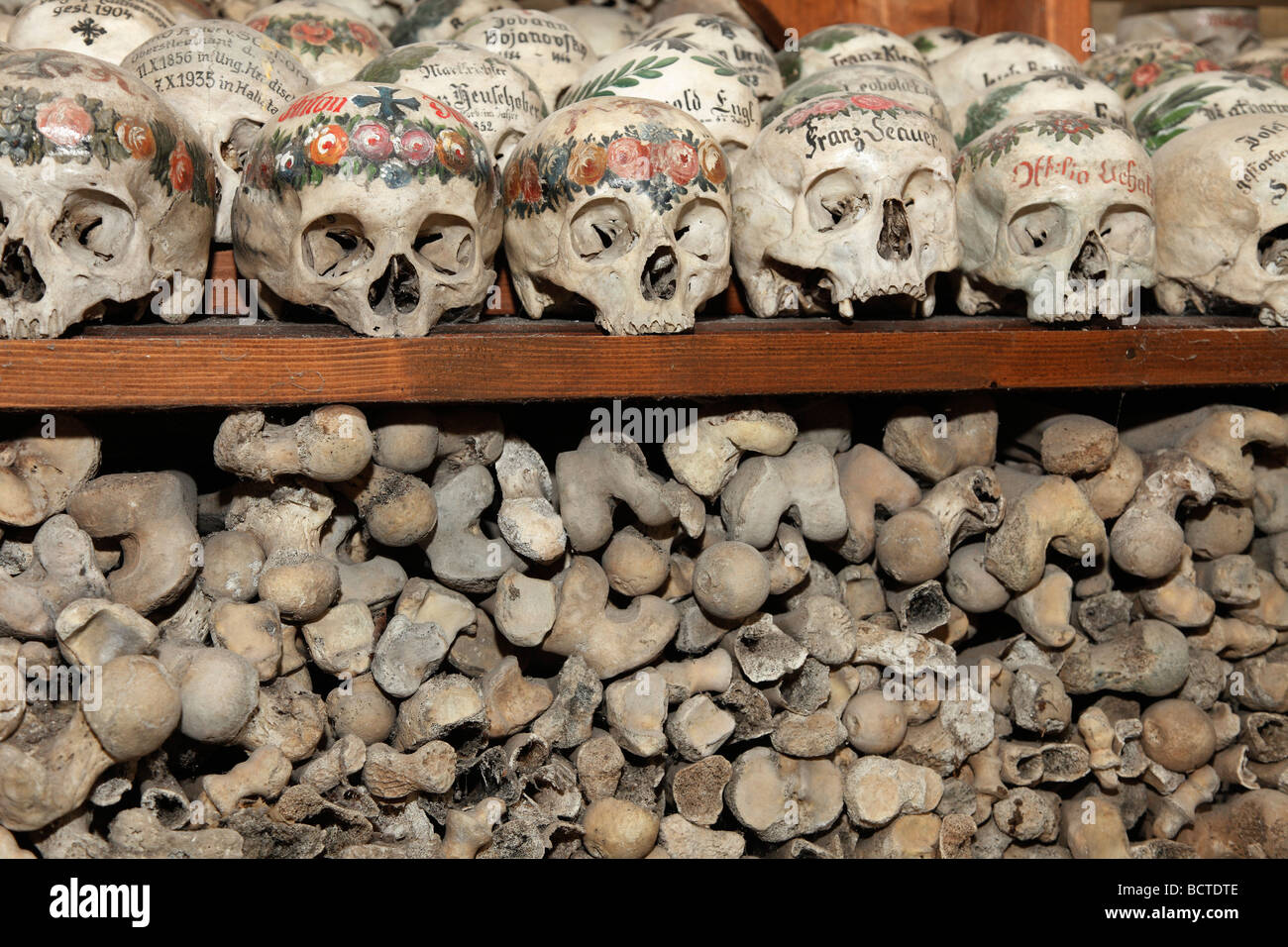 Skulls in the ossuary, Karner St. Michaelskapelle St. Michael Cchapel, Hallstatt, Salzkammergut region, Upper Austria, Austria, Stock Photo