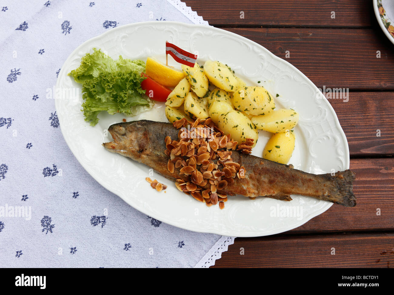 Trout with almonds, restaurant Fischerhuette on Lake Toplitz, Styria, Austria, Europe Stock Photo